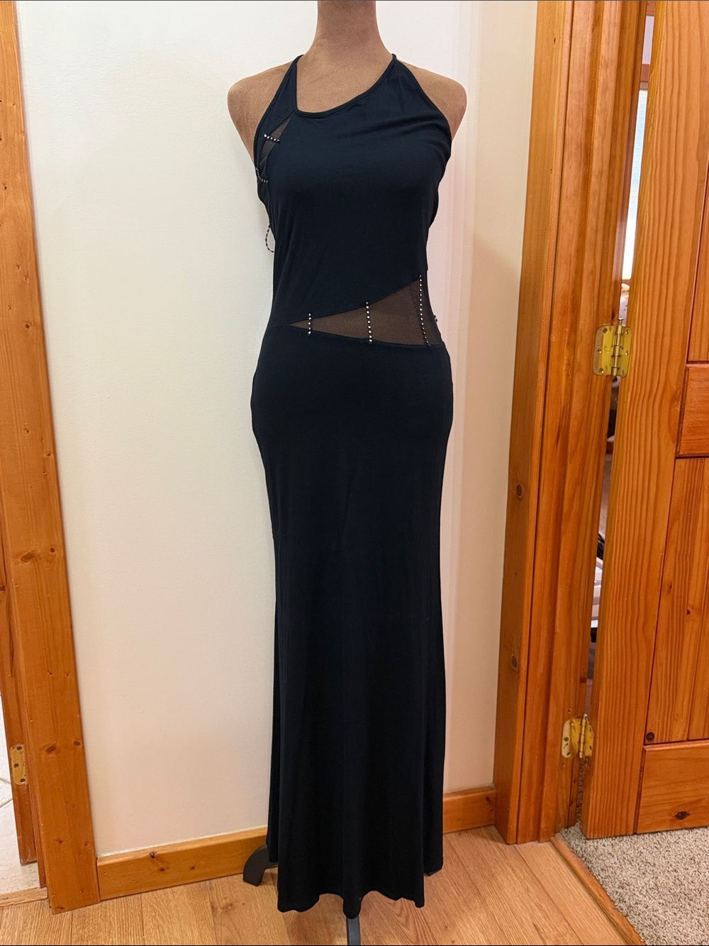 Sleek Black Mesh-Accent Halter Neck Maxi Evening Dress with Rhinestones NWOT